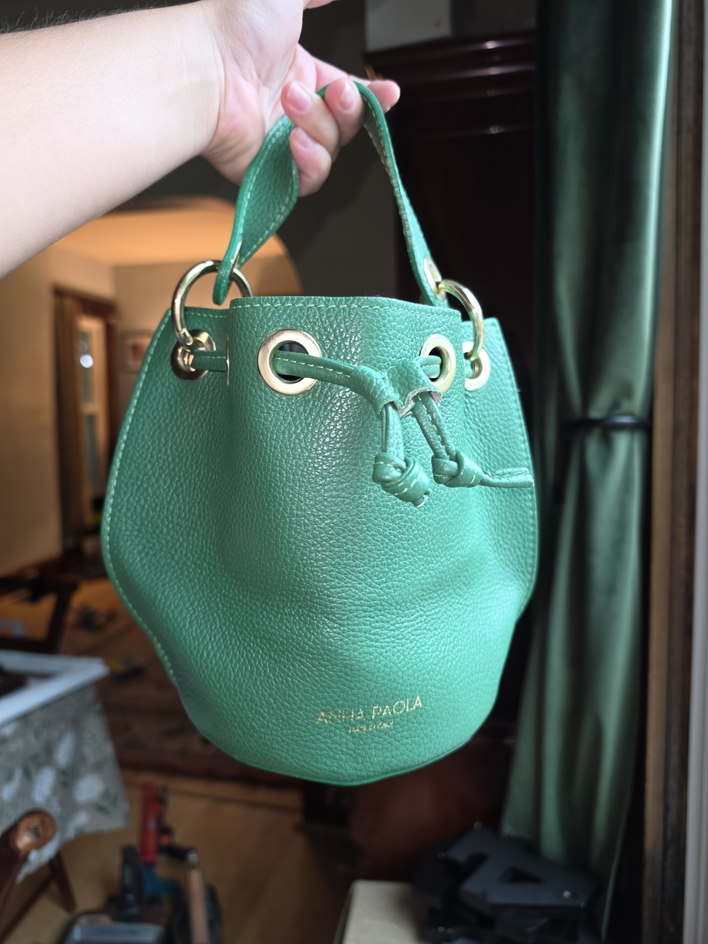 ANNA PAOLA Green Leather Mini Bucket Bag